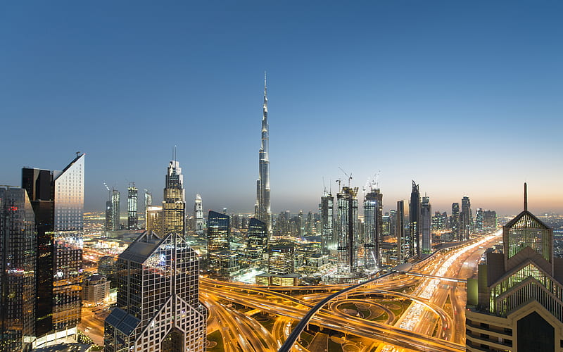 Burj Khalifa sunset, modern buildings, UAE, skyscrapers, Dubai, HD wallpaper
