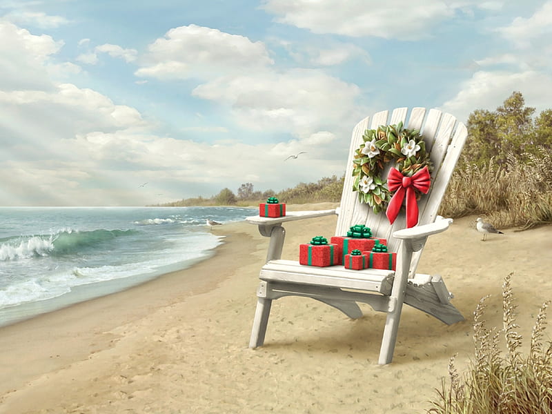 Holidays At The Bay, beach, water, decoration, painting, clouds, sky, artwork, sea, HD wallpaper
