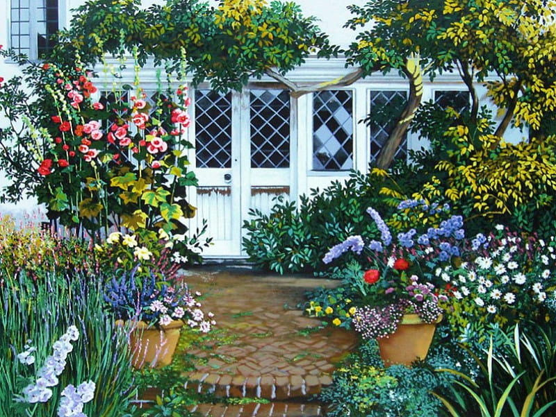 English Garden, house, pots, painting, flowers, stairs, HD wallpaper
