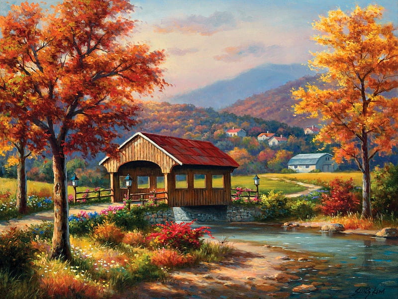 Covered bridge, red, pretty, autumn, house, riverbank, shore, cottage, covered, cabin, bonito, clouds, countryside, mountain, nice, bridge, painting, village, flowers, river, lovely, creek, sky, trees, serenity, slope, peaceful, summer, HD wallpaper