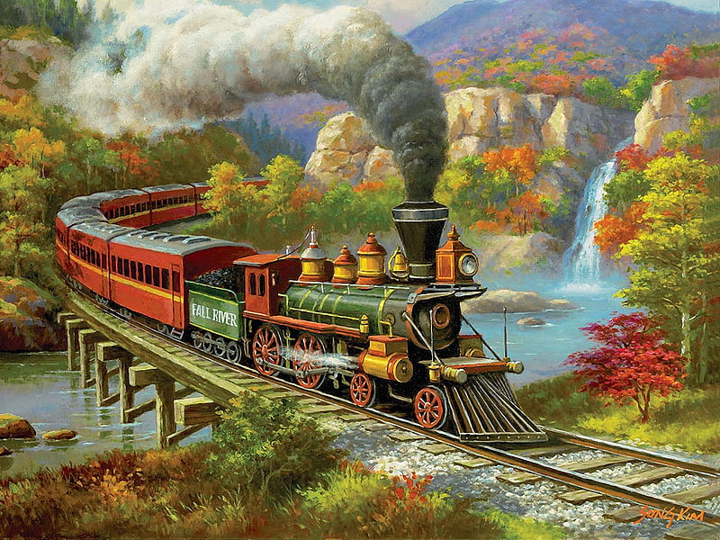 Fall River, locomotive, train, bridge, mountains, painting, steam, railways, artwork, HD wallpaper