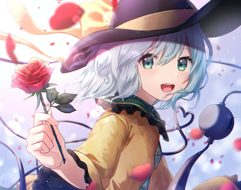 Komeiji koishi, touhou, smiling, red rose, hat, petals, wind, Anime, HD ...