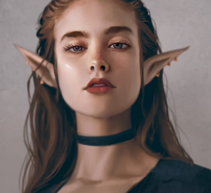 fantasy elf girl, beautiful, face portrait, blue eyes, earrings, Fantasy, HD wallpaper