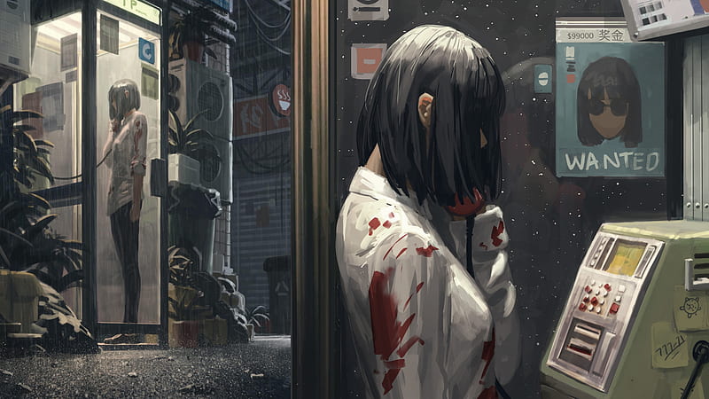Anime, Girl, Telephone Booth, HD wallpaper