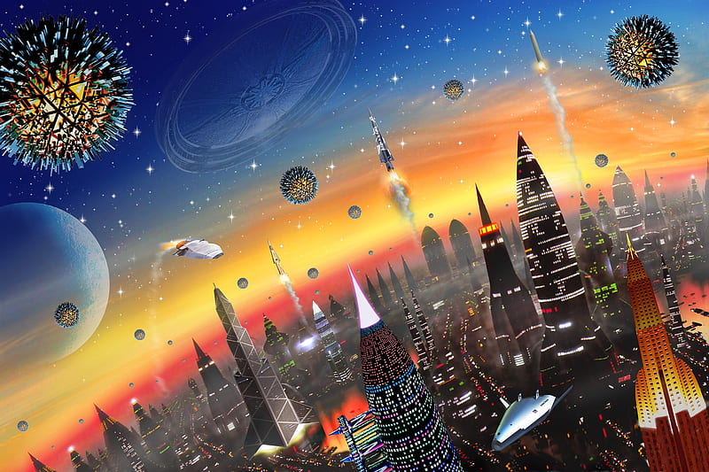 Fantasy, city, planet, luminos, adrian chesterman, space, sky, HD wallpaper