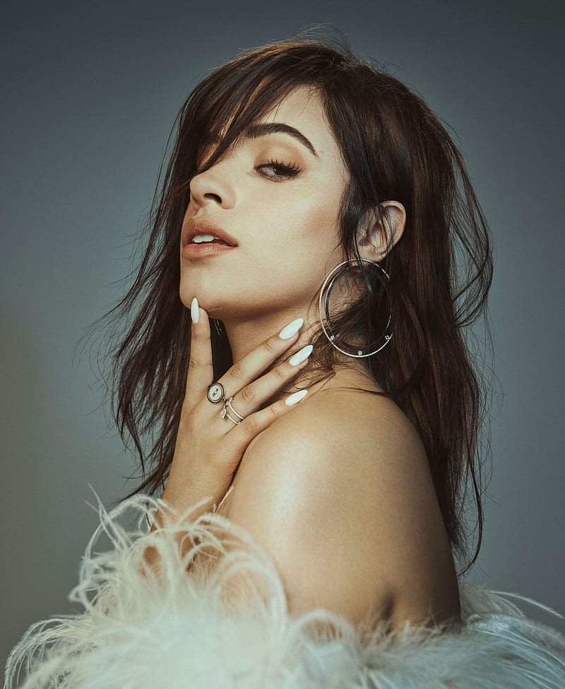 Camila Cabello, women, brunette, long hair, singer, cuban, simple background, painted nails, white nails, hoop earrings, portrait, HD phone wallpaper