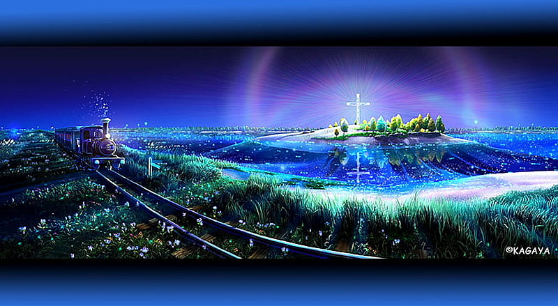 Christian train, christian, colors, bonito, kagaya, train, nature, cross, landscape, blue, HD wallpaper