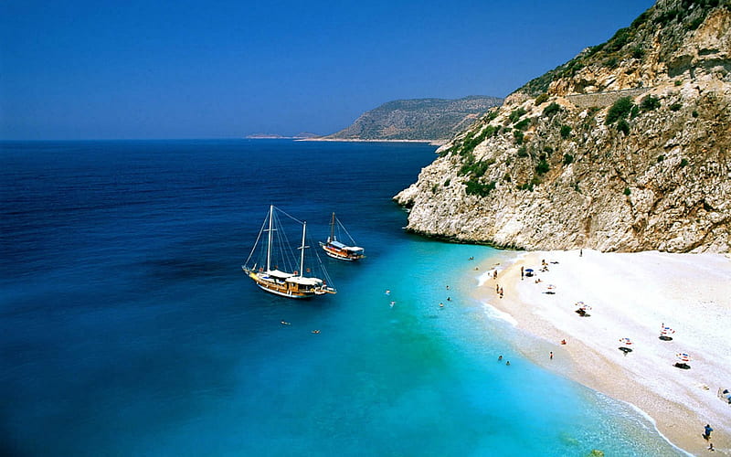 Kaputas Beach, Turkey, beach, Boats, Nature, Turkey, HD wallpaper