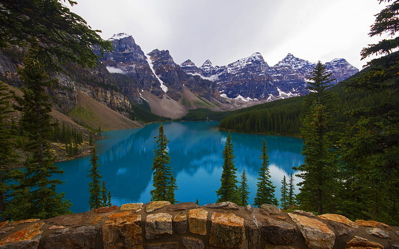 Moraine Lake, glacial lake, spring, observation deck, mountain landscape, Banff National Park, Canada, HD wallpaper