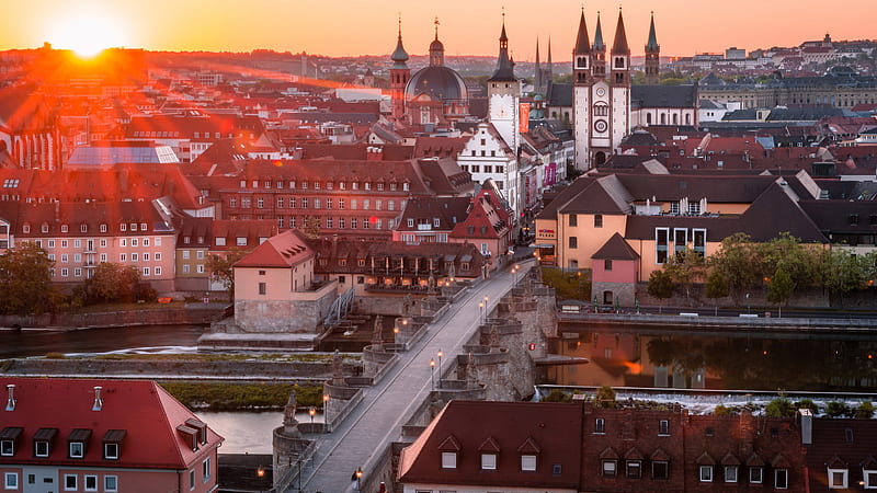 Bridge Building Cathedral Germany Road Wurzburg During Sunset Travel, HD wallpaper