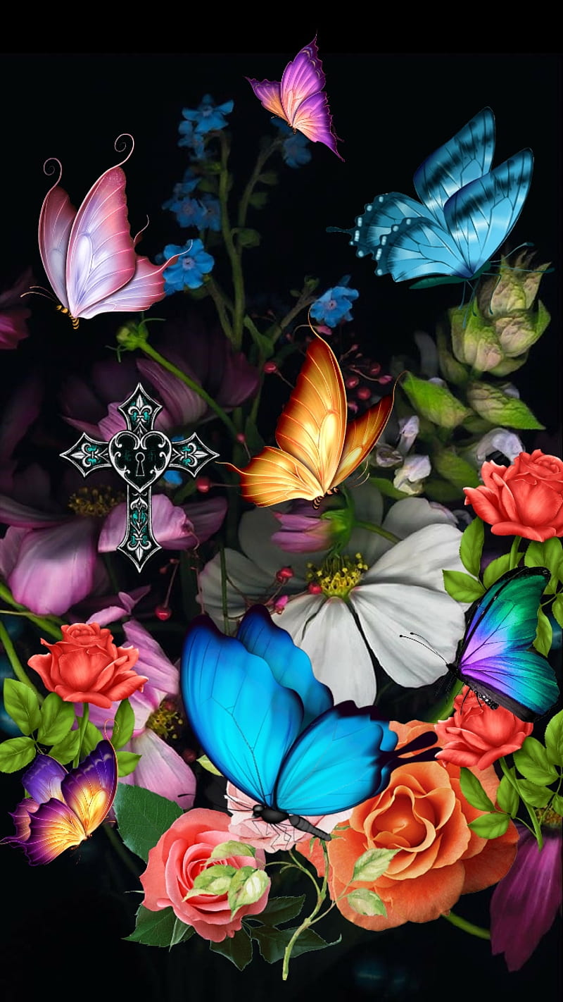 Easter Garden, black, butterflies, colorful, cross, flowers, neon, HD phone wallpaper