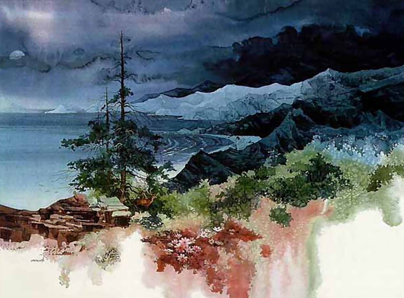Mountain Lake Cove 1, art, cove, atkinson, pines, lake, mountain, water, michael atkinson, painting, scenery, landscape, watercolor, HD wallpaper