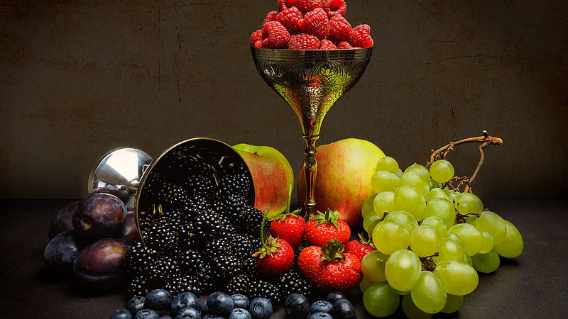 Apple Berry Blackberry Blueberry Fruit Grapes Plum Raspberry Strawberry Fruit, HD wallpaper