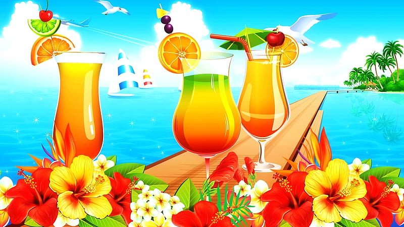 Tropical Refreshment, Tropical, Summer, Drinks, beach, Flowers, Cocktails, HD wallpaper