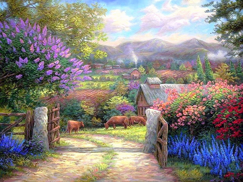 Country Gate of Spring, villages, rural, love four seasons, spring, attractions in dreams, paintings, country road, flowers, garden, nature, HD wallpaper