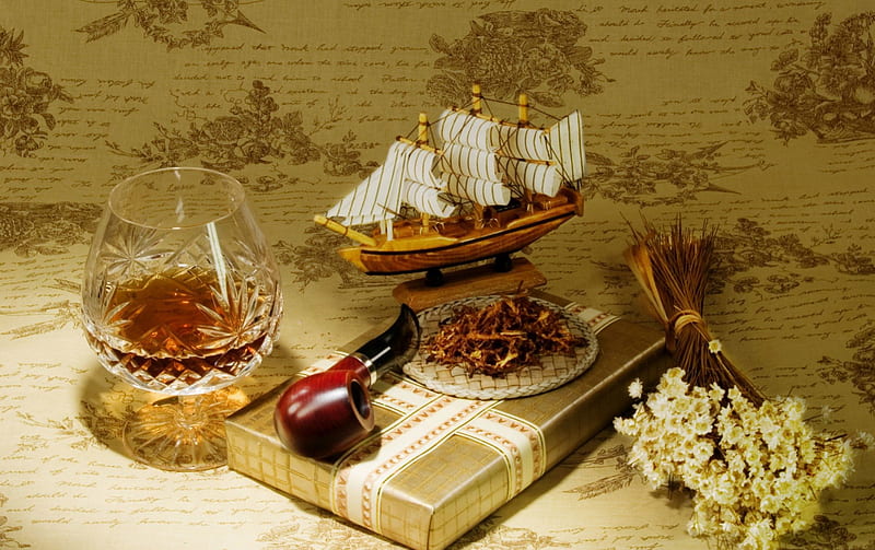 Still Life for the Gentlemen, whiskey, candy, life, still, abstract, dried, glass, tabacco, ship, flowers, pipe, HD wallpaper