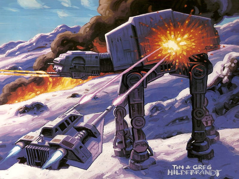 hoth battle, firing, smow, explosion, clouds, rire, at at, snow speeder, blue sky, smoke, HD wallpaper