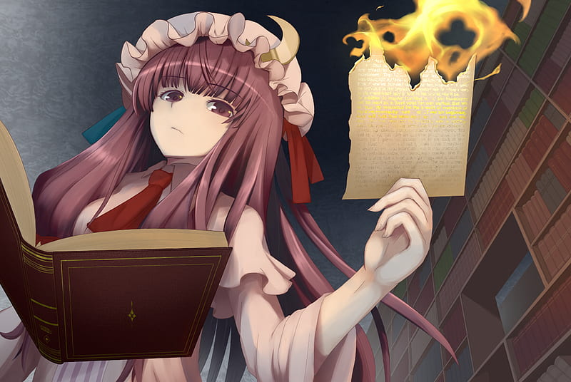 Patchouli (Burnt) Knowledge, books, script, magic, spell, patchouli knowledge, flame, library, anime, touhou, long hair, perspective, burning, cute, fire, girl, purple, reading, pyjamas, dark, page, HD wallpaper