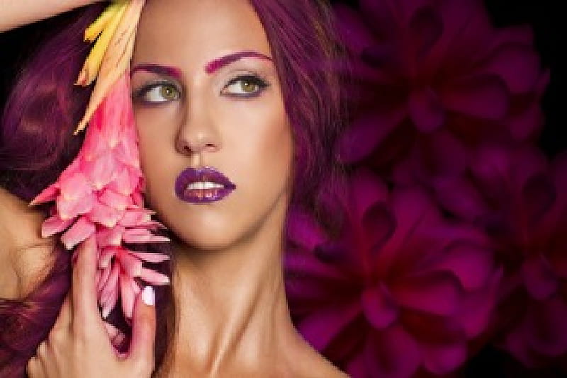 Beauty, model, yellow, woman, lips, make-up, girl, green, purple, flower, exotique, violet, eyes, pink, HD wallpaper