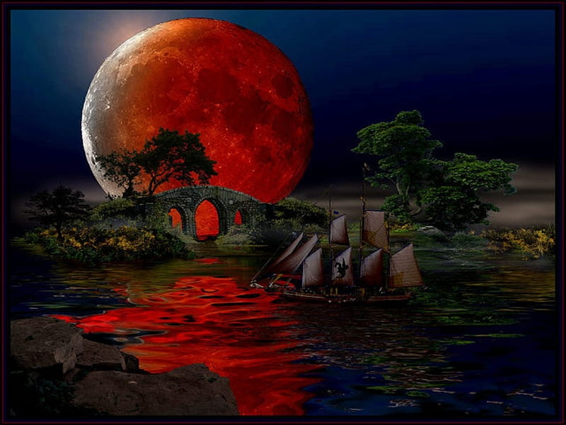 BIG RED MOON, red, moon, water, ship, dark, night, HD wallpaper | Peakpx
