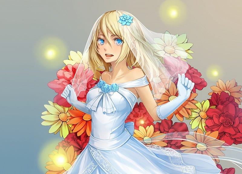 Christa Renz, pretty, sparks, sweet, floral, nice, anime, beauty, anime girl, long hair, lovely, gown, blonde, sexy, happy, cute, shingeki no kyojin, maiden, dress, glow, blond, bride, bonito, elegant, blossom, attack on titan, hot, light, wed, gorgeous, female, blonde hair, smile, wedding, blond hair, girl, christa, flower, HD wallpaper