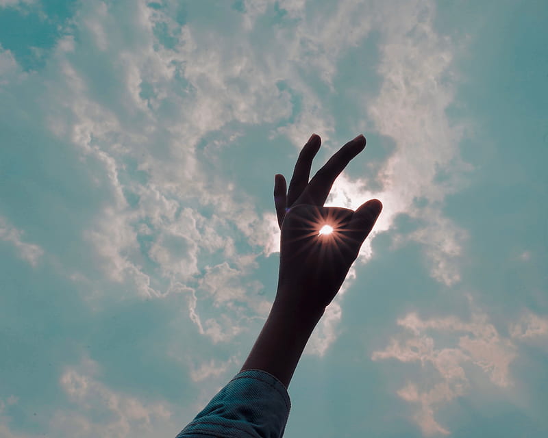hand, fingers, sun, sun rays, sky, gesture, HD wallpaper