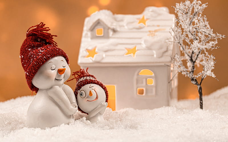 snowmen, winter, toys snowmen, house, cute toys, winter concepts, HD wallpaper