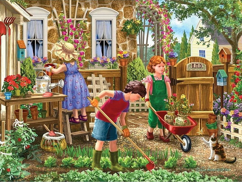 Gardening Fun, cat, house, painting, flowers, children, artwork, working, HD wallpaper