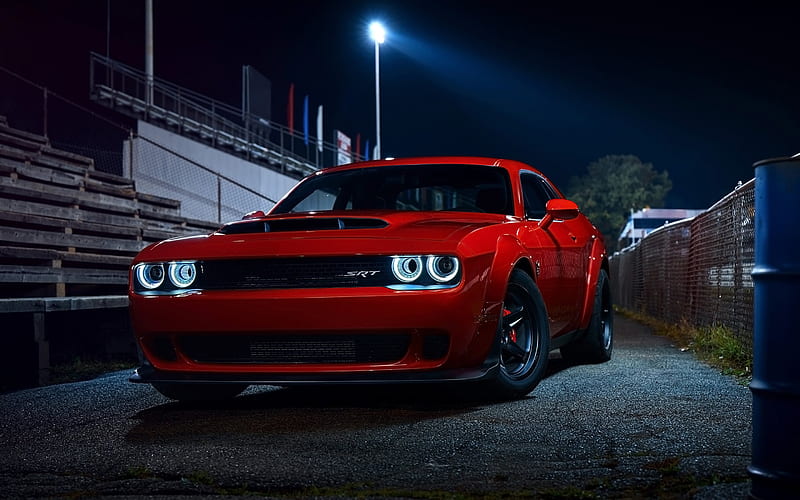 Dodge Challenger SRT Demon, night, supercars, 2018 cars, american cars, red Challenger, Dodge, HD wallpaper