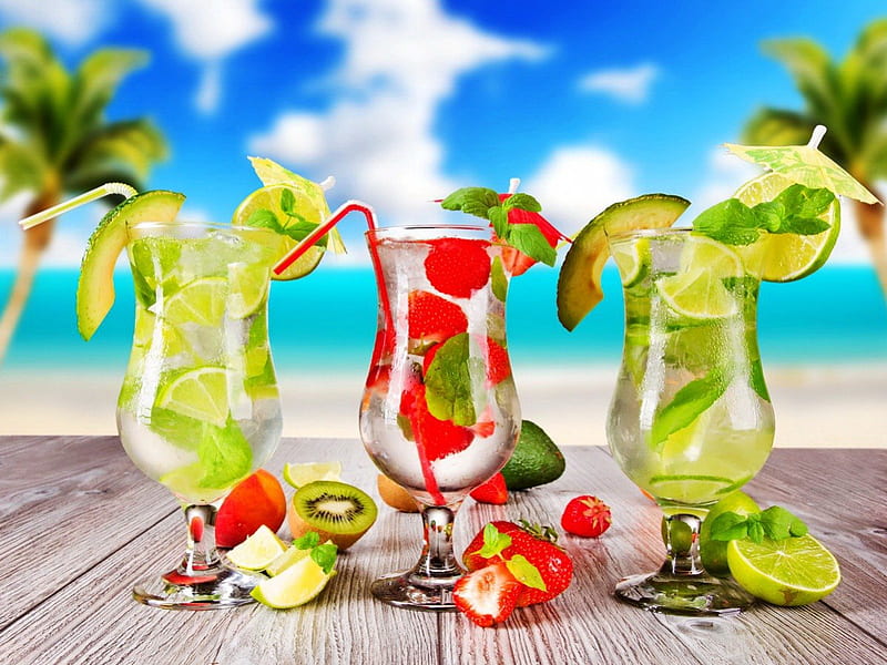 Mojitos drinks, pretty, colorful, sun, fruits, bonito, clouds, sea, beach, nice, drink, tropics, cocktail, exotic, lovely, blur, sky, palms, freshness, cool, tropical, mojitos, palm tree, HD wallpaper