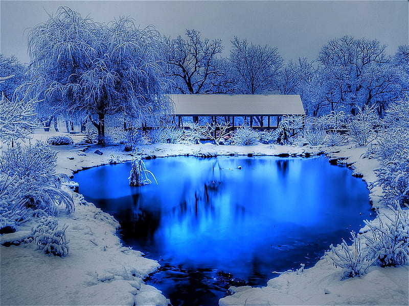 Blue Magic, pond, sparkle, fantasy, shimmer, shine, bonito, glisten, winter, HD wallpaper