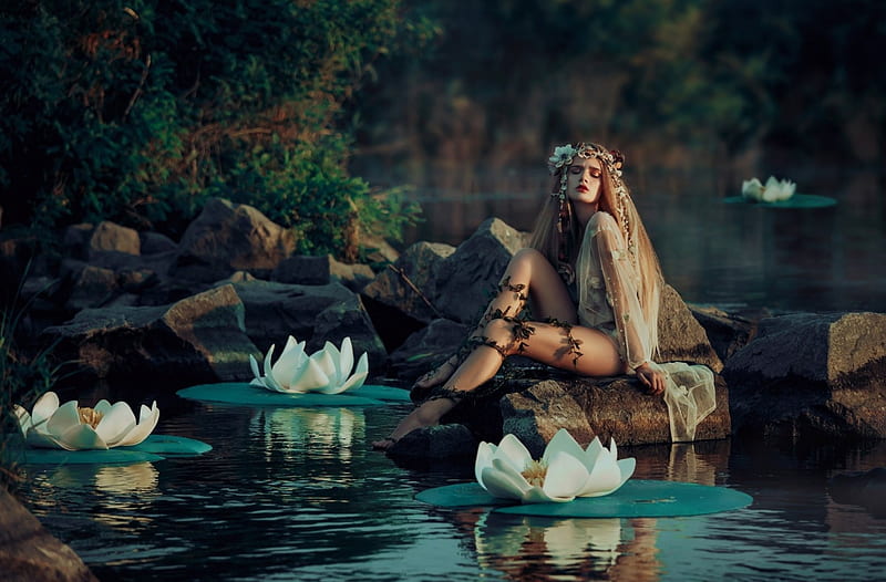 spirit of the river, forest, spirit, lotus, beauty, river, lake, women, HD wallpaper