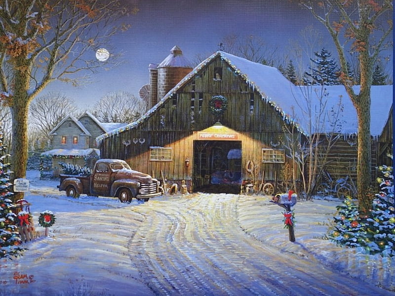 Christmas spirit, colorful, lovely, bonito, lights, winter, farm, moon, splendor, car, painting, color, night, HD wallpaper