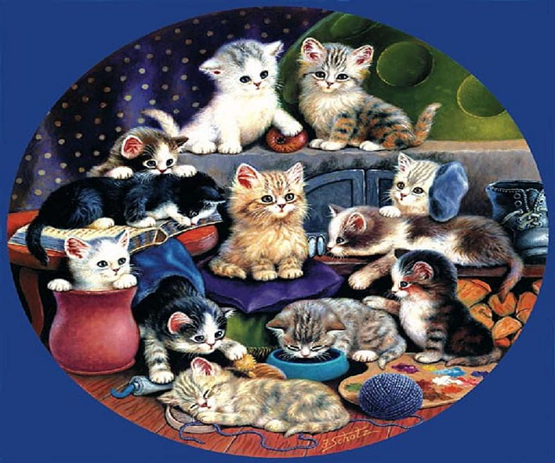 Playmates., mischief, friend, cat, kitten, animal, play, mate, HD wallpaper