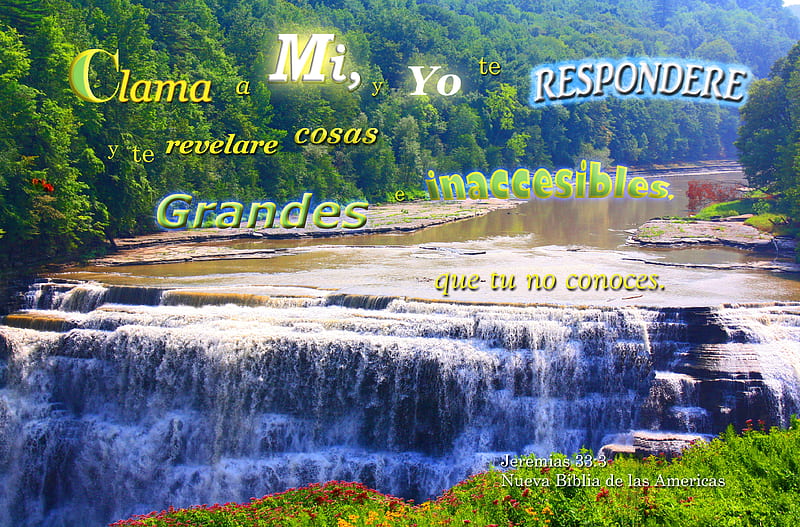 Clama a Dios y te Respondere, water, Bible, waterfall, flowers, river, canyon, trees, HD wallpaper
