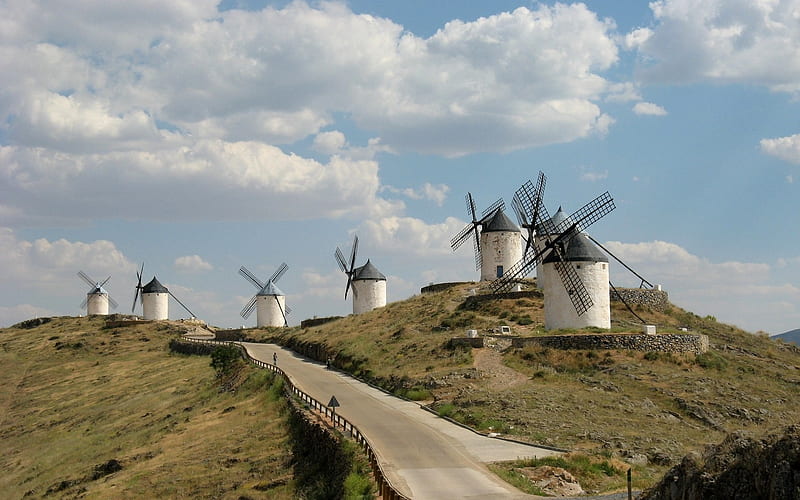 Windmills in Toledo, Spain, windmills, road, clouds, HD wallpaper