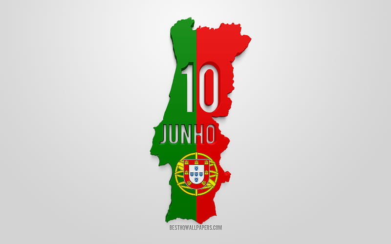 10 June, Portugal Day, 10 de Junho, Day of Portugal, map silhouette of Portugal, national holiday, 3d art, Portugal 3d flag, HD wallpaper