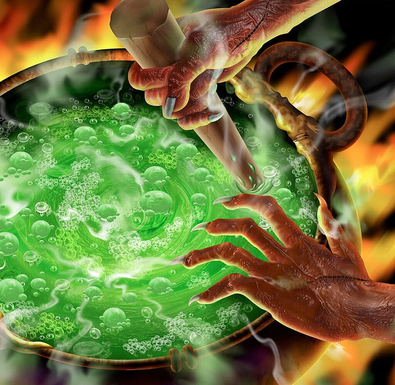 Witches brew, brew, witch, fantasy, luminos, green, halloween, hand, pot, HD wallpaper