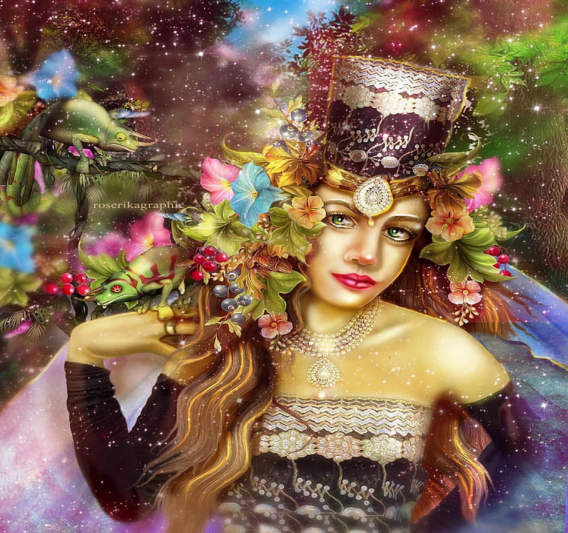 ~Queen of Autumn~, fall, autumn, background, queen, bonito, digital art, fantasy, manipulation, flowers, girls, models, lovely, necklace, colors, love four seasons, creative pre-made, diamonds, crown, weird things people wear, HD wallpaper