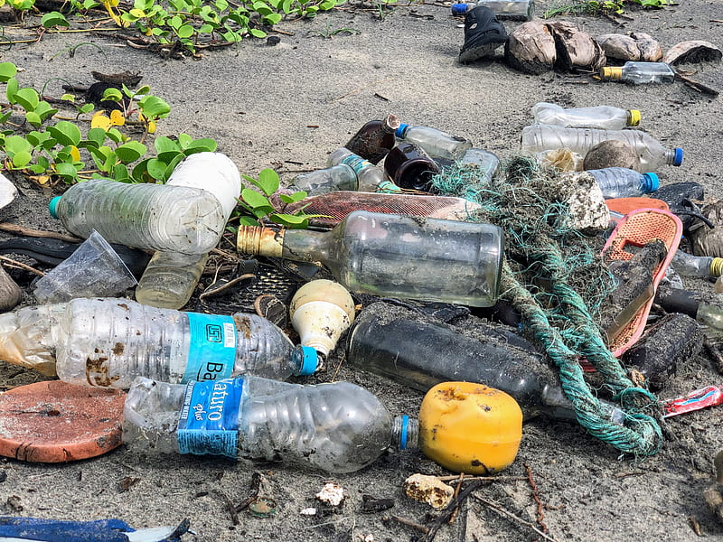 assorted garbage bottles on sandy surface, HD wallpaper