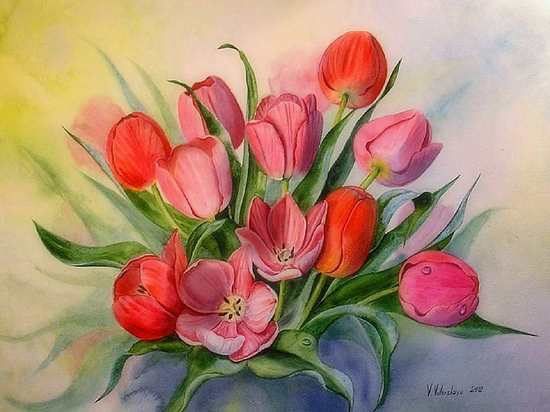 'Sweet Tulips', pretty, draw and paint, bonito, seasons, sweet, still ...