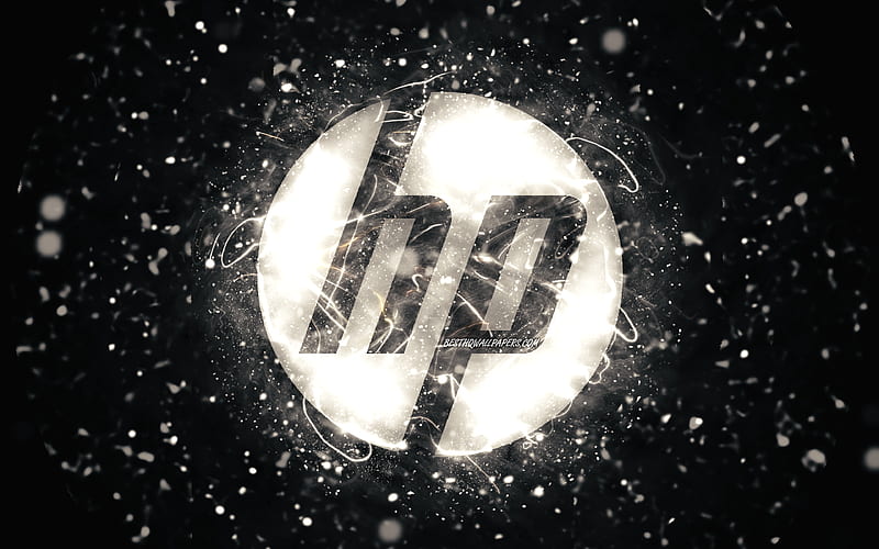 HP white logo, white neon lights, creative, Hewlett-Packard logo, black abstract background, HP logo, Hewlett-Packard, HP, HD wallpaper