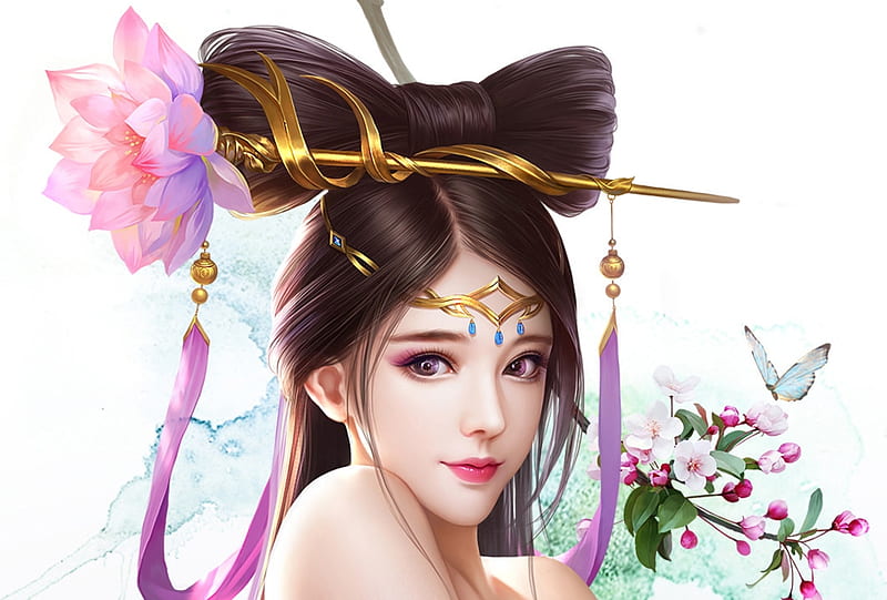 Diao Chan, frumusete, luminos, game, peony, fantasy, fan xiu, butterfly, girl, flower, pink, king of glory, HD wallpaper