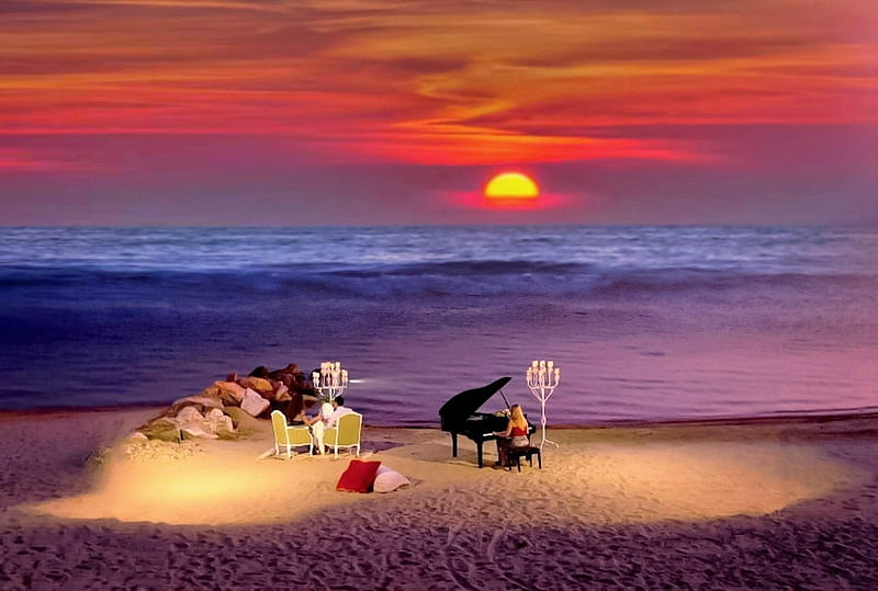 Piano symphony to the sunset, symphony to the sunset, sunset, piano, sea, couple, HD wallpaper