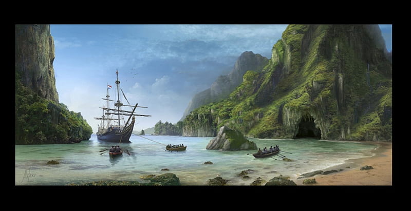 The Hideout, cavern, mast, cave, sea, beach, boats, water, ship, men, grotto, HD wallpaper