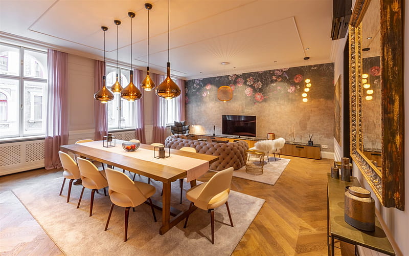 dining room, loft style, modern interior design, living room, gray leather sofa, HD wallpaper