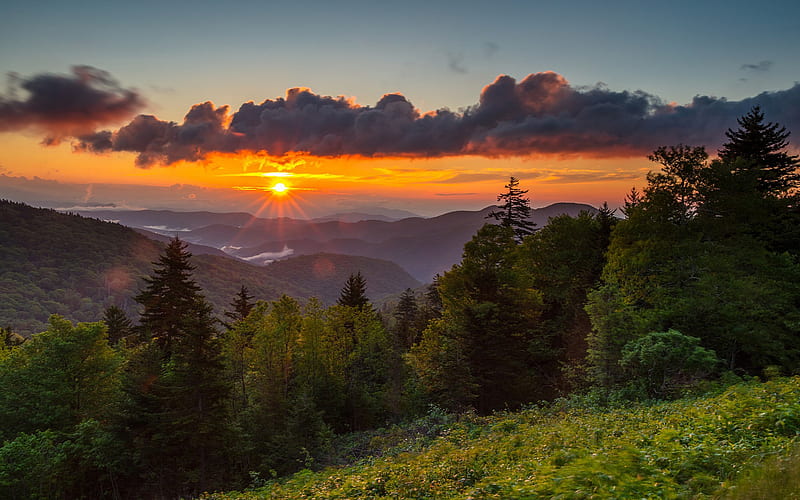 Mitchell mountain, evening, mountain landscape, sunset, USA, North Carolina, valley, HD wallpaper