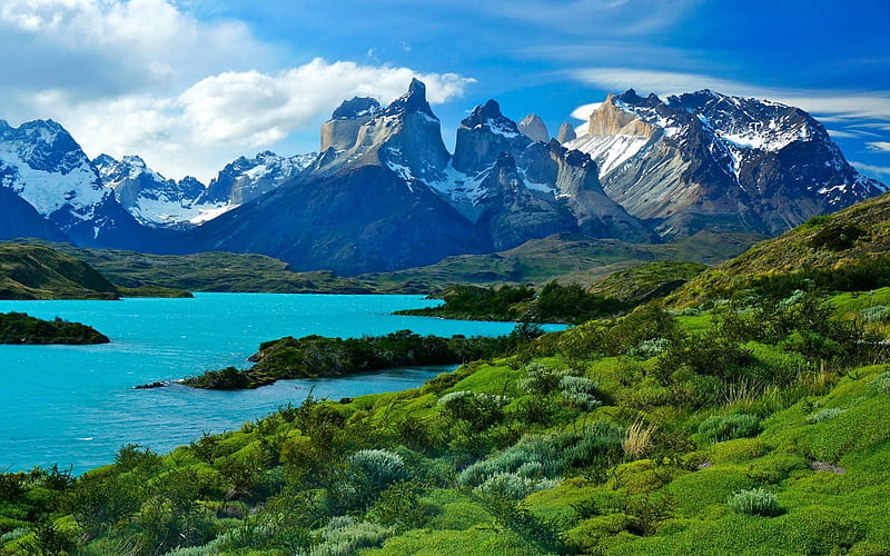 chile, andes, peoe, lake, pehoe lake, mountains, rocks, patagonia, HD wallpaper