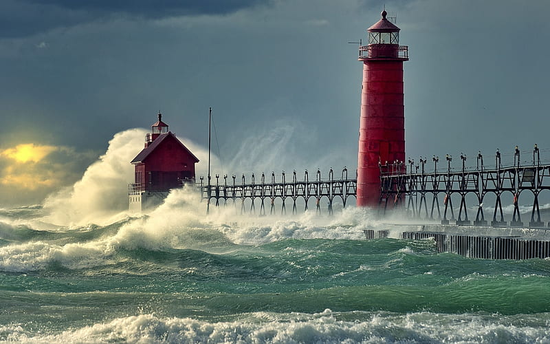 wave, pierce, lighthouse, lake michigan, HD wallpaper