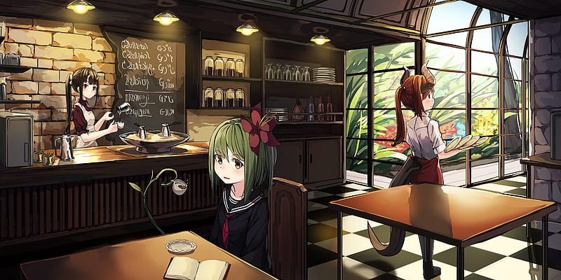 Anime cafe, slice of life, girls, ponytail, horns, Anime, HD wallpaper |  Peakpx